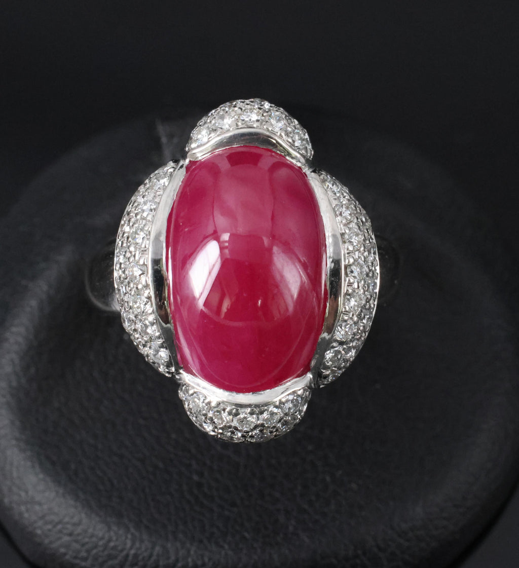 Fine 10.02ct Cabochon Cut Natural Ruby & 0.72ct Diamond Platinum Ring, Size 5.75