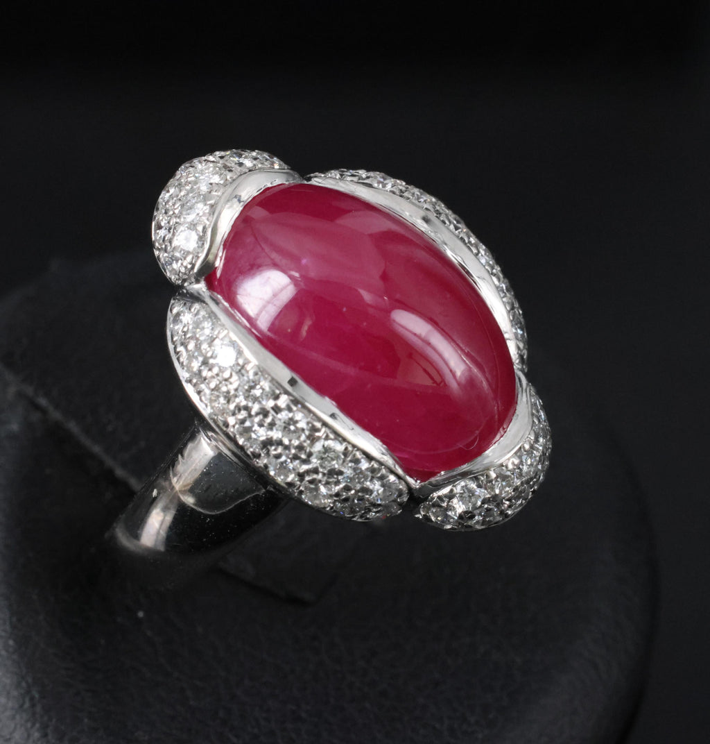 Fine 10.02ct Cabochon Cut Natural Ruby & 0.72ct Diamond Platinum Ring, Size 5.75
