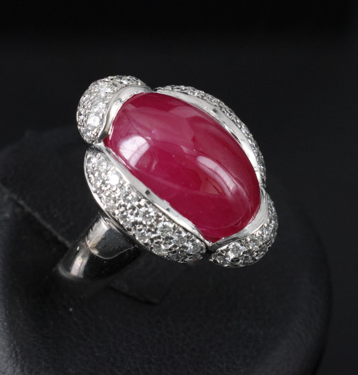 Fine 10.02ct Cabochon Cut Natural Ruby & 0.72ct Diamond Platinum Ring, Size 5.75