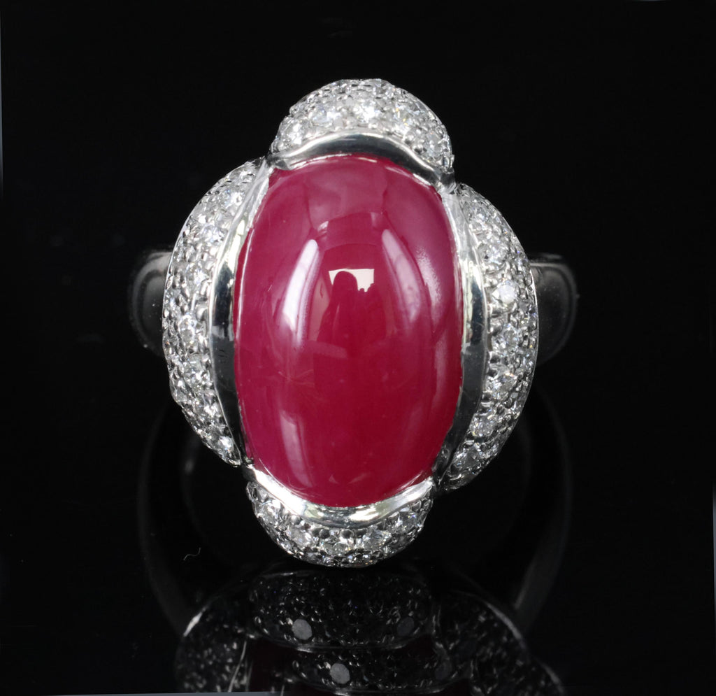 Fine 10.02ct Cabochon Cut Natural Ruby & 0.72ct Diamond Platinum Ring, Size 5.75