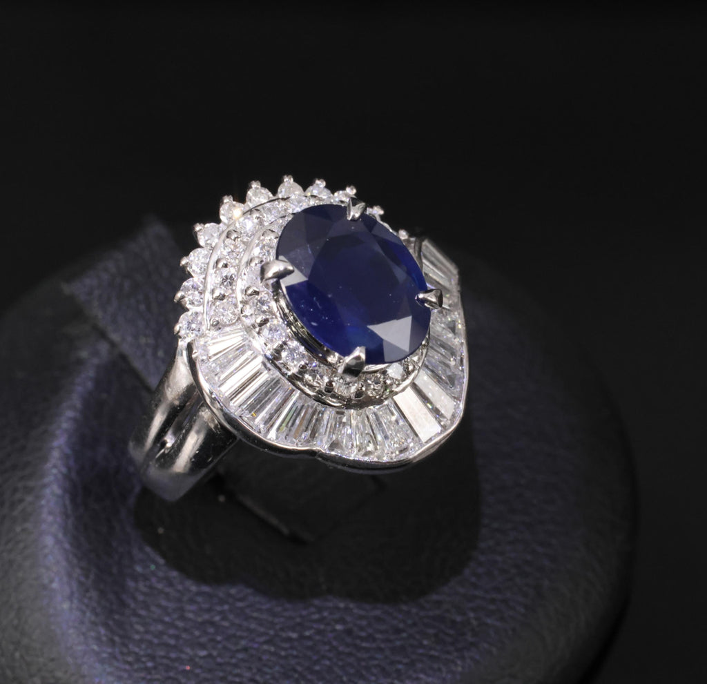 Vintage 2.16ct Royal Blue Sapphire & 1.42ct Diamond Platinum Ring, Size 5.75