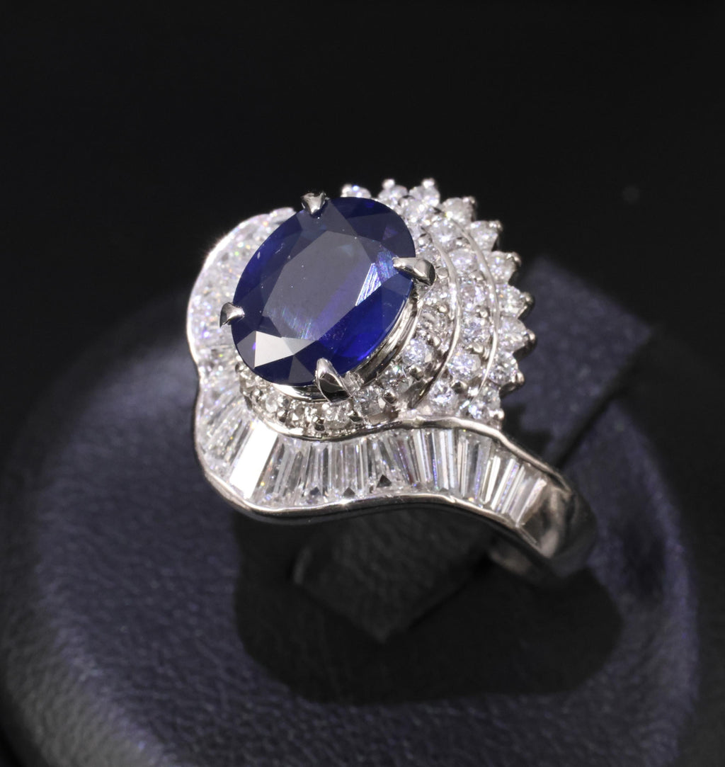 Vintage 2.16ct Royal Blue Sapphire & 1.42ct Diamond Platinum Ring, Size 5.75