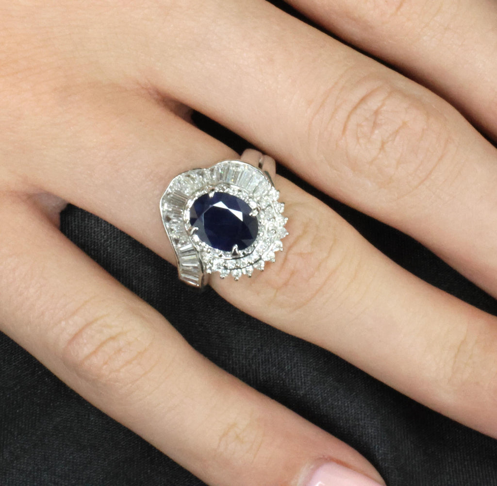Vintage 2.16ct Royal Blue Sapphire & 1.42ct Diamond Platinum Ring, Size 5.75
