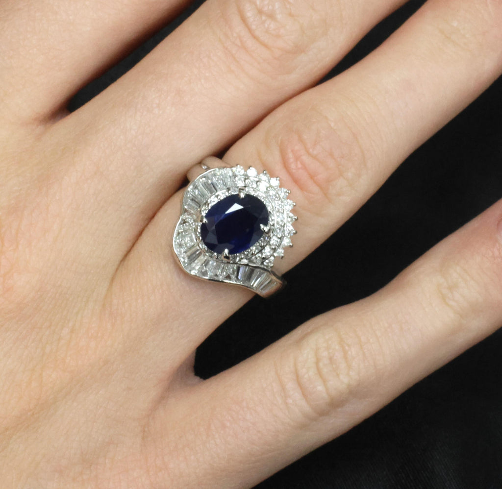 Vintage 2.16ct Royal Blue Sapphire & 1.42ct Diamond Platinum Ring, Size 5.75