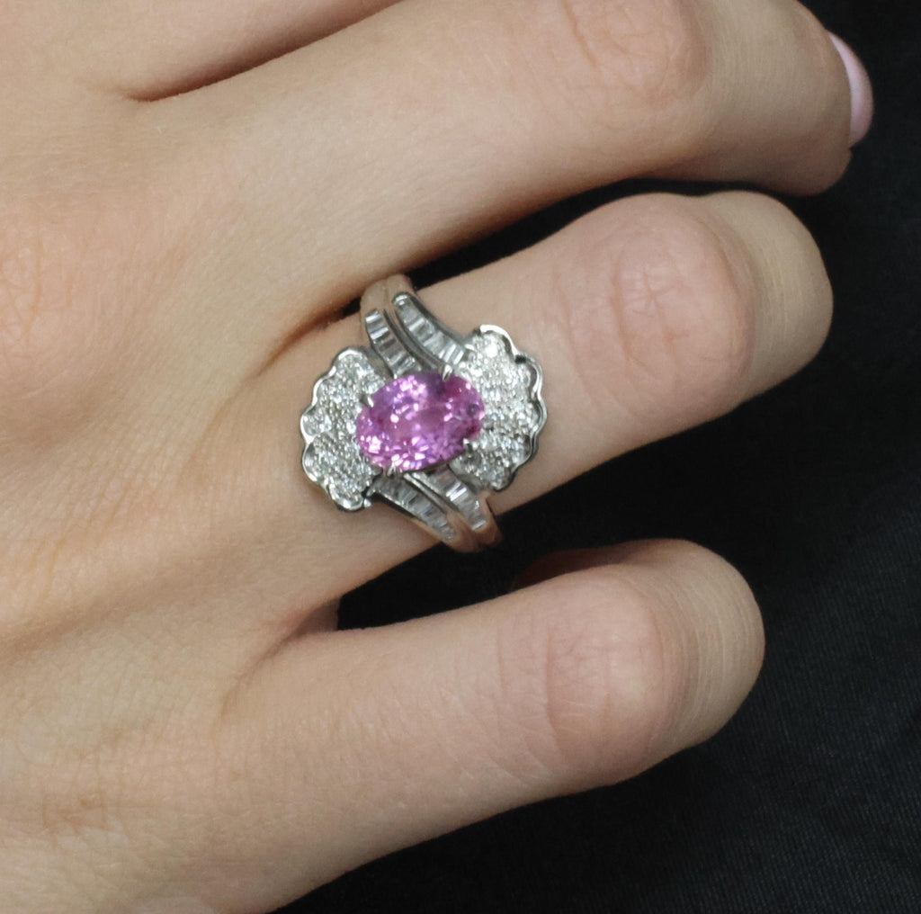 2.59ct GIA Ceylon Natural Pink Sapphire & 0.56ct Diamond Platinum Ring Size 6.75
