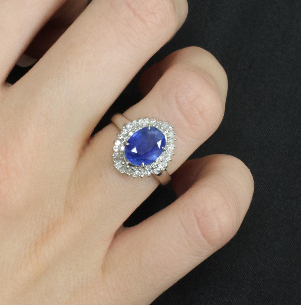 3.10ct GIA Ceylon NO Heat Blue Sapphire & 0.45ct Diamond Platinum Ring, Size 6.5