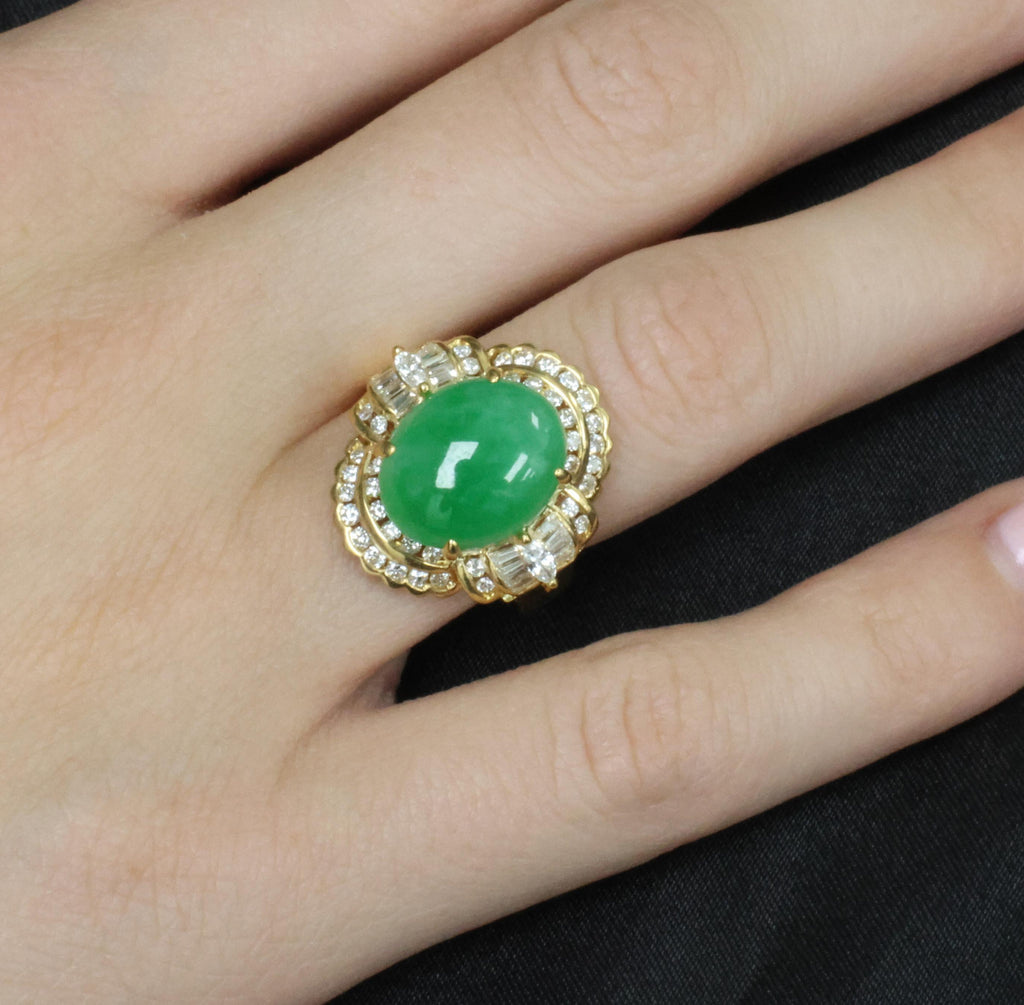 6.93ct Natural Green Jadeite Jade & 1.41ct Diamond 20K Yellow Gold Ring, Size 8