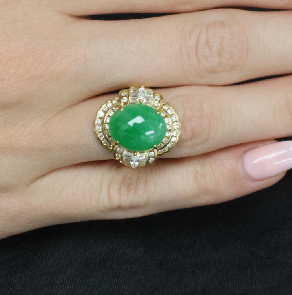 6.93ct Natural Green Jadeite Jade & 1.41ct Diamond 20K Yellow Gold Ring, Size 8