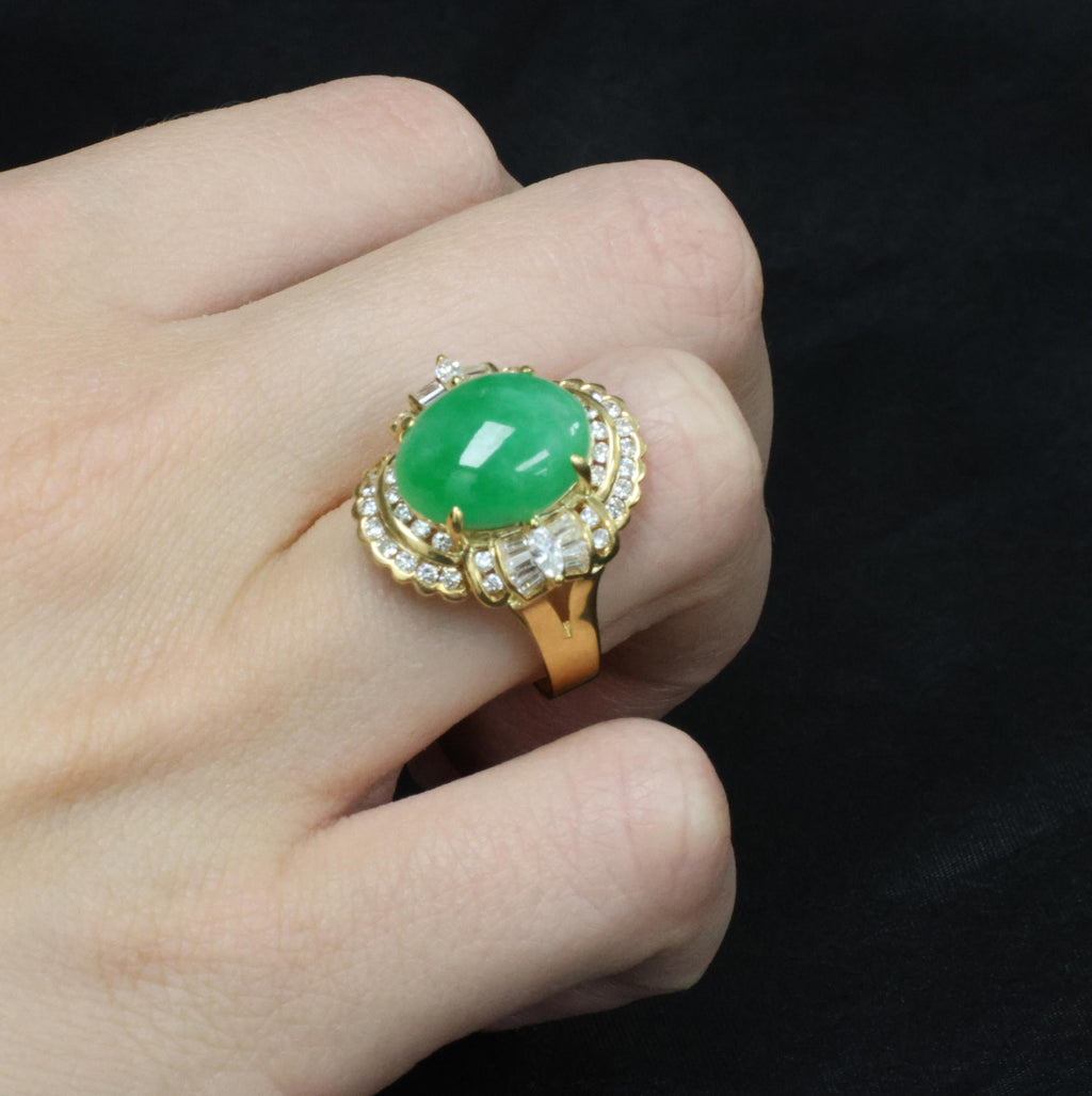 6.93ct Natural Green Jadeite Jade & 1.41ct Diamond 20K Yellow Gold Ring, Size 8