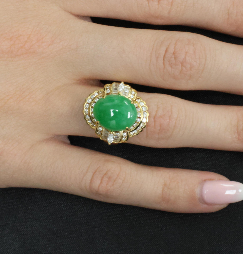 6.93ct Natural Green Jadeite Jade & 1.41ct Diamond 20K Yellow Gold Ring, Size 8