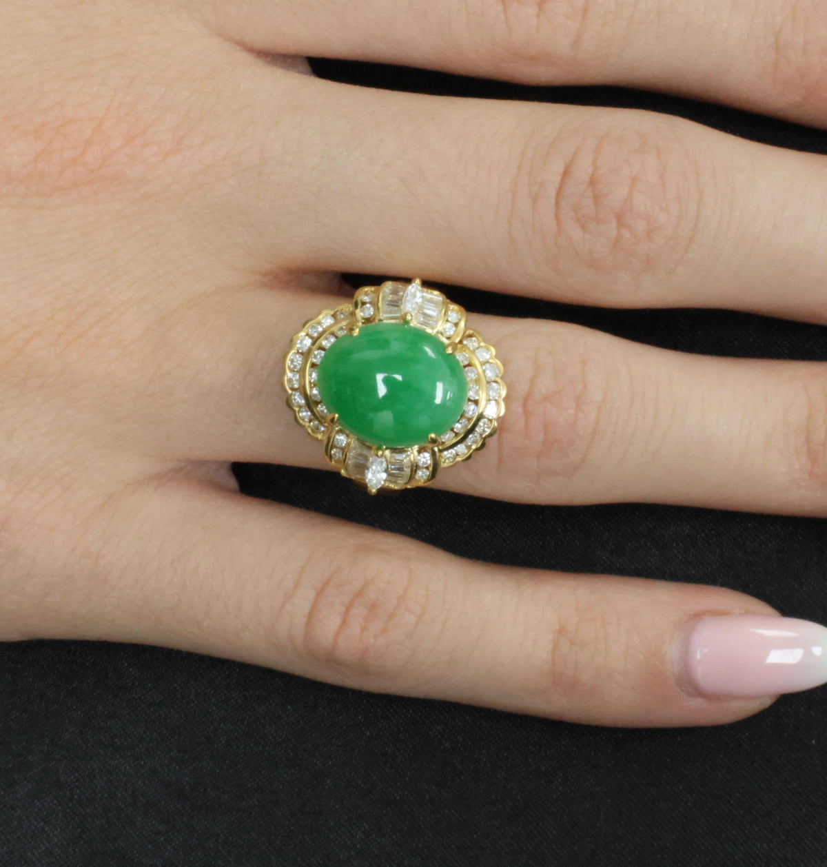 6.93ct Natural Green Jadeite Jade & 1.41ct Diamond 20K Yellow Gold Ring, Size 8