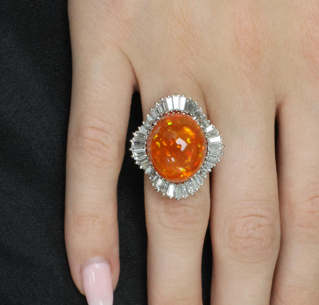 RARE 22.23ct Natural Mexican Fire Opal & 2.18ct Diamond Platinum Ring, Size 6.25