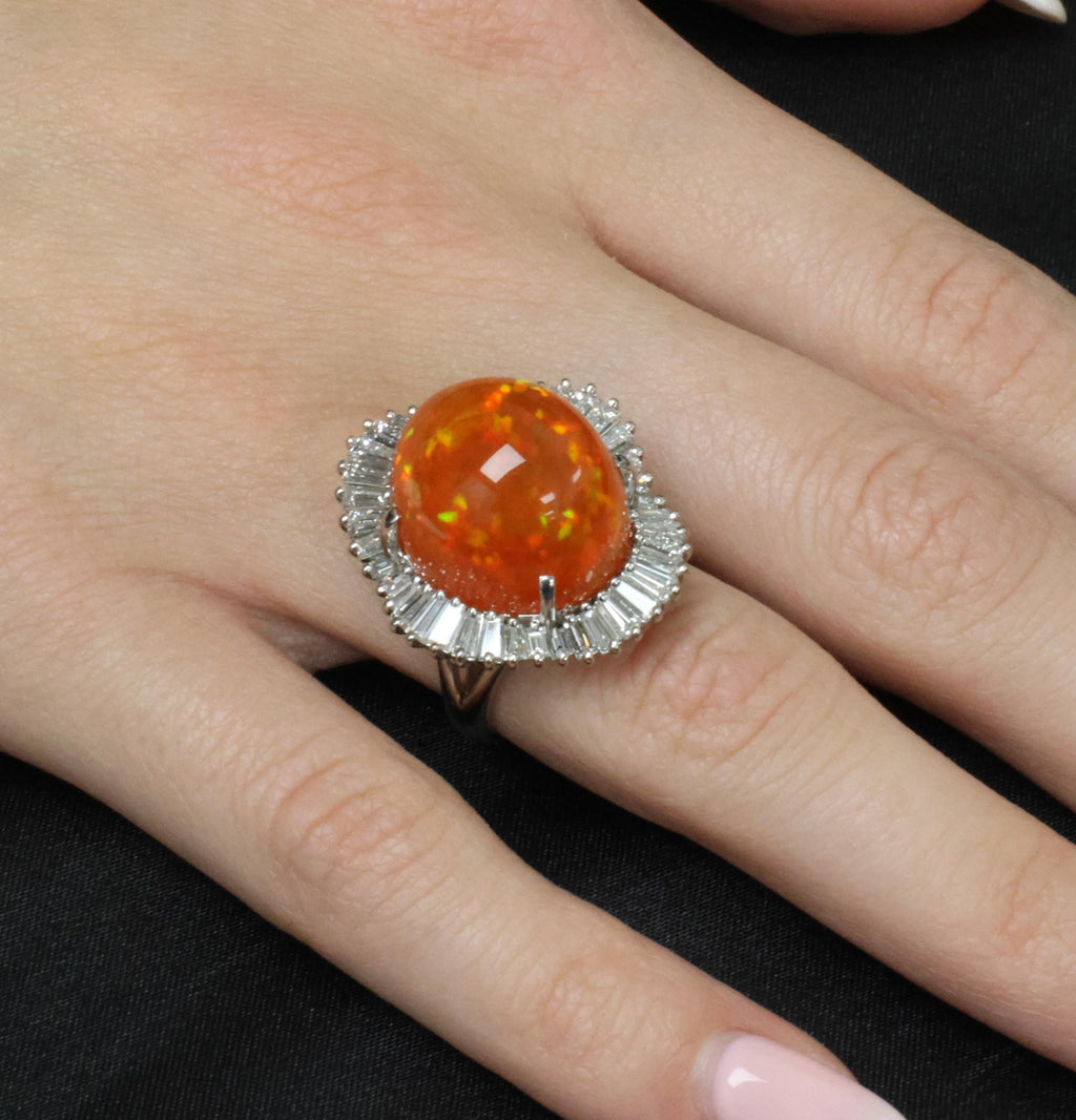 RARE 22.23ct Natural Mexican Fire Opal & 2.18ct Diamond Platinum Ring, Size 6.25