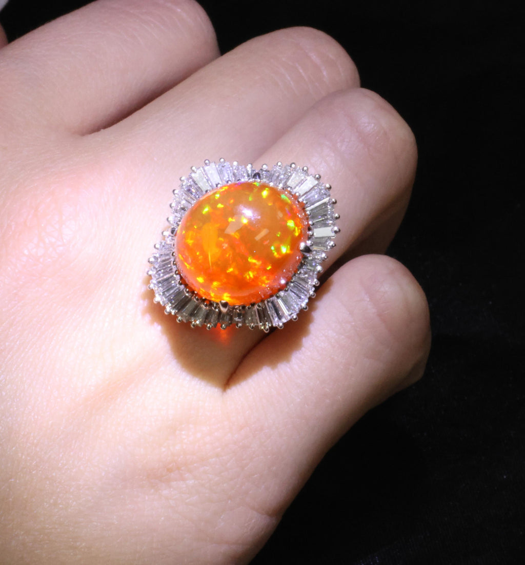 RARE 22.23ct Natural Mexican Fire Opal & 2.18ct Diamond Platinum Ring, Size 6.25