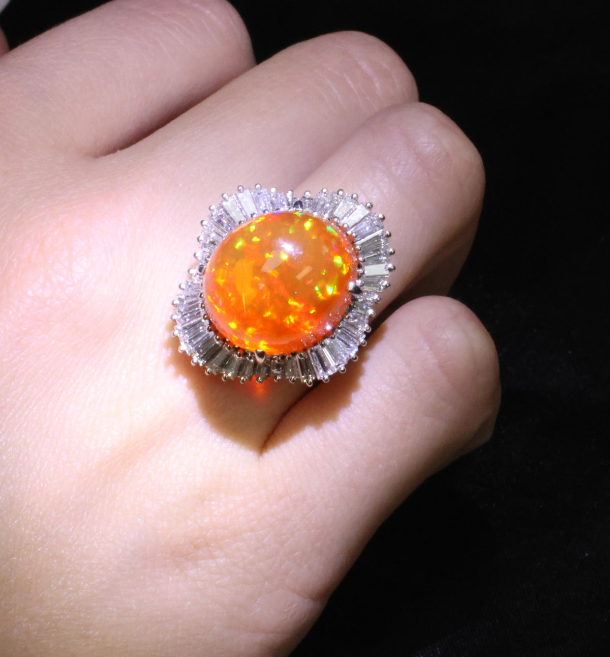 RARE 22.23ct Natural Mexican Fire Opal & 2.18ct Diamond Platinum Ring, Size 6.25