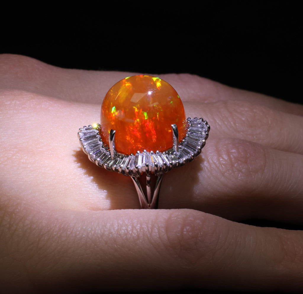 RARE 22.23ct Natural Mexican Fire Opal & 2.18ct Diamond Platinum Ring, Size 6.25