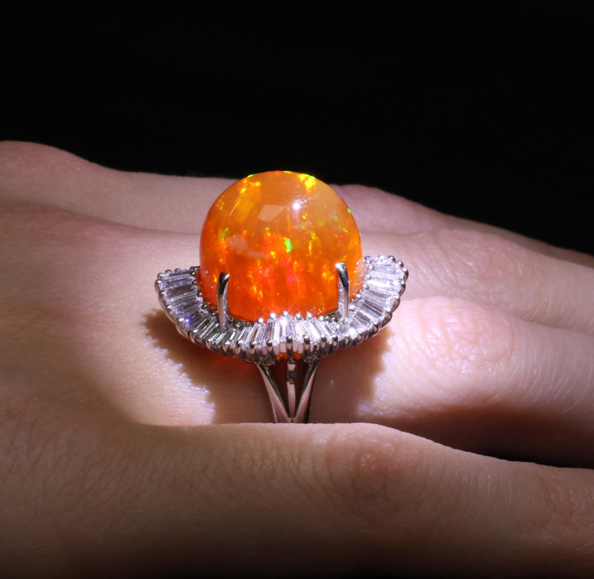 RARE 22.23ct Natural Mexican Fire Opal & 2.18ct Diamond Platinum Ring, Size 6.25