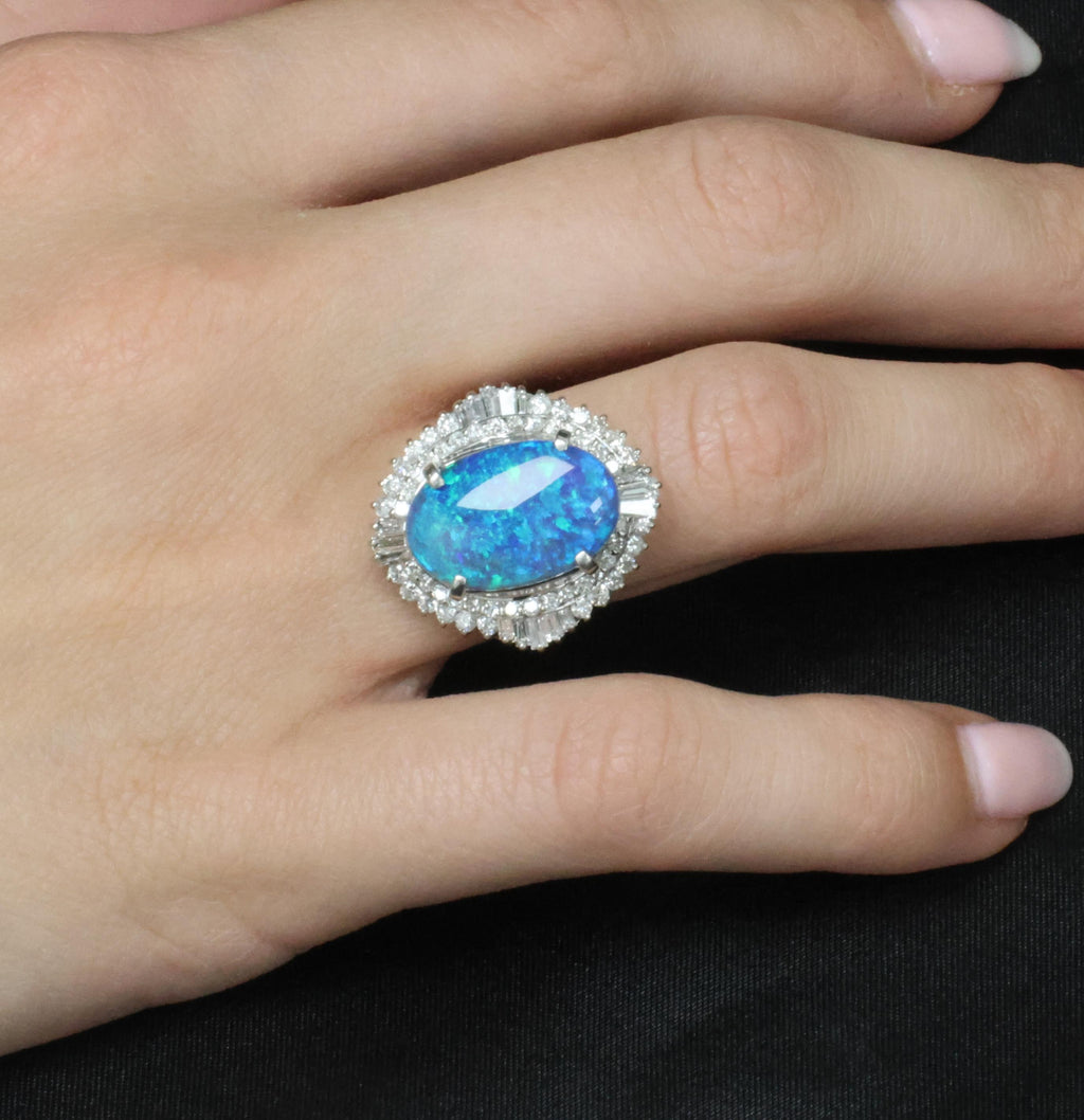 RARE!!! 7.18ct Natural Black Crystal Opal & 1.40ct Diamond Platinum Ring, Size 6