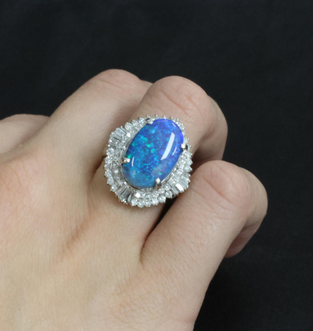 RARE!!! 7.18ct Natural Black Crystal Opal & 1.40ct Diamond Platinum Ring, Size 6