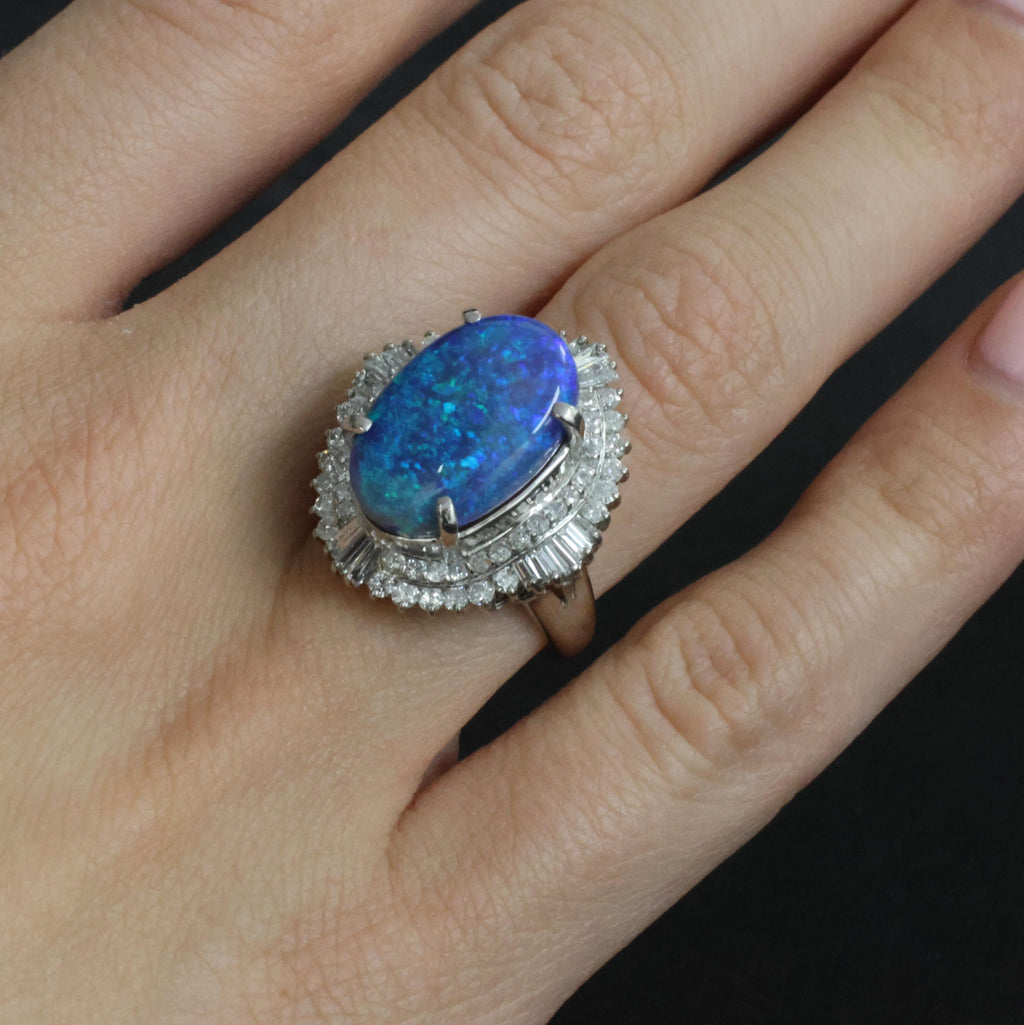 RARE!!! 7.18ct Natural Black Crystal Opal & 1.40ct Diamond Platinum Ring, Size 6
