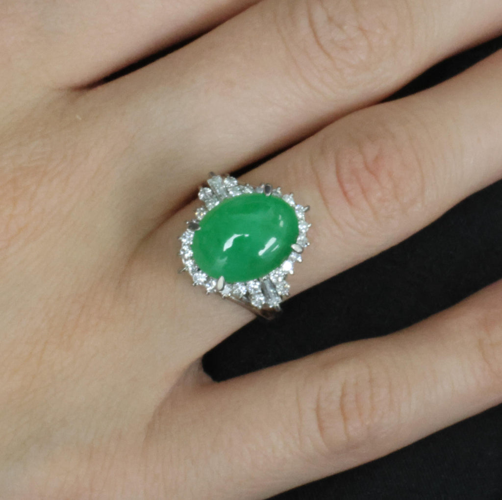 6.17ct Natural Apple Green Jadeite Jade & 0.64ct Diamond Platinum Ring, Size 6.5