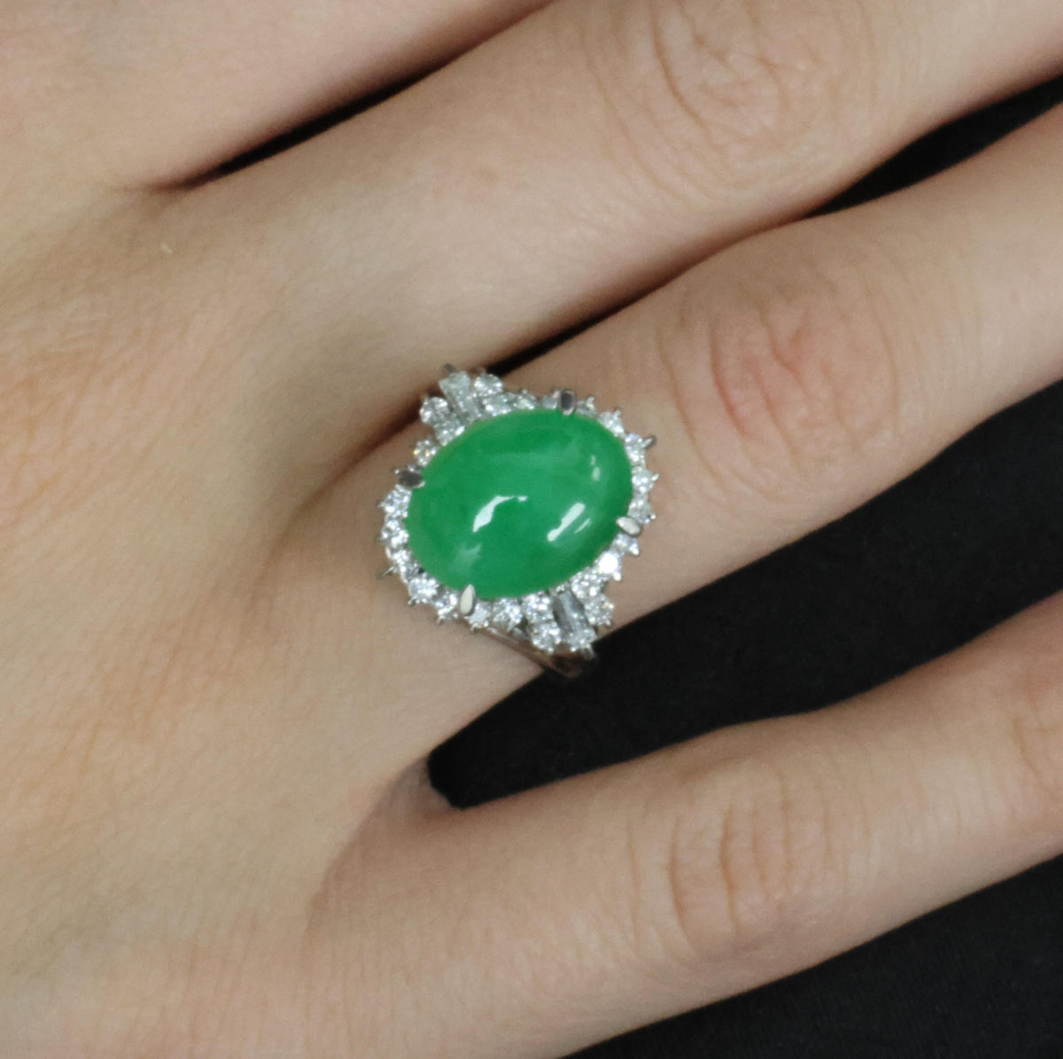6.17ct Natural Apple Green Jadeite Jade & 0.64ct Diamond Platinum Ring, Size 6.5