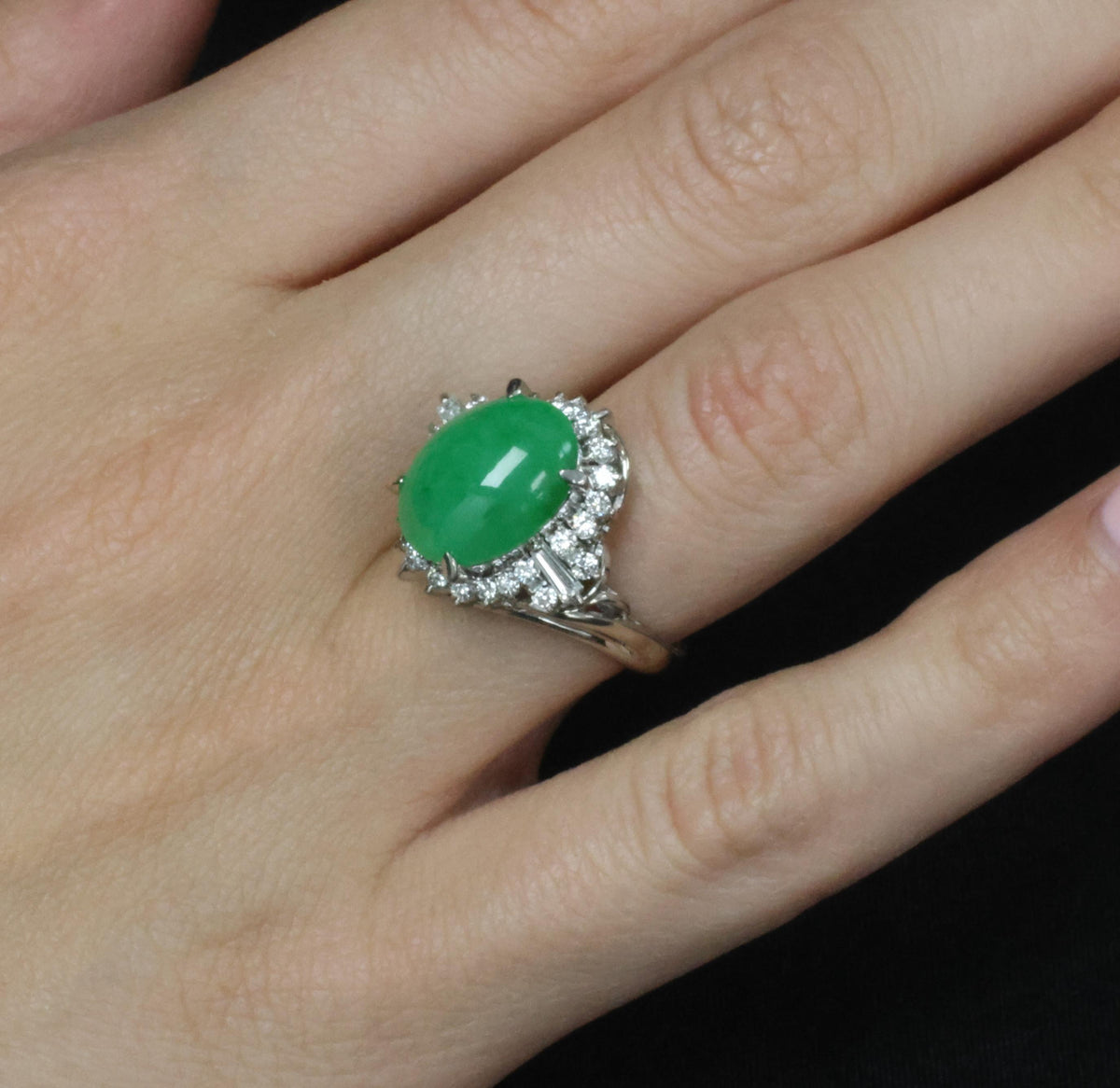 6.17ct Natural Apple Green Jadeite Jade & 0.64ct Diamond Platinum Ring, Size 6.5