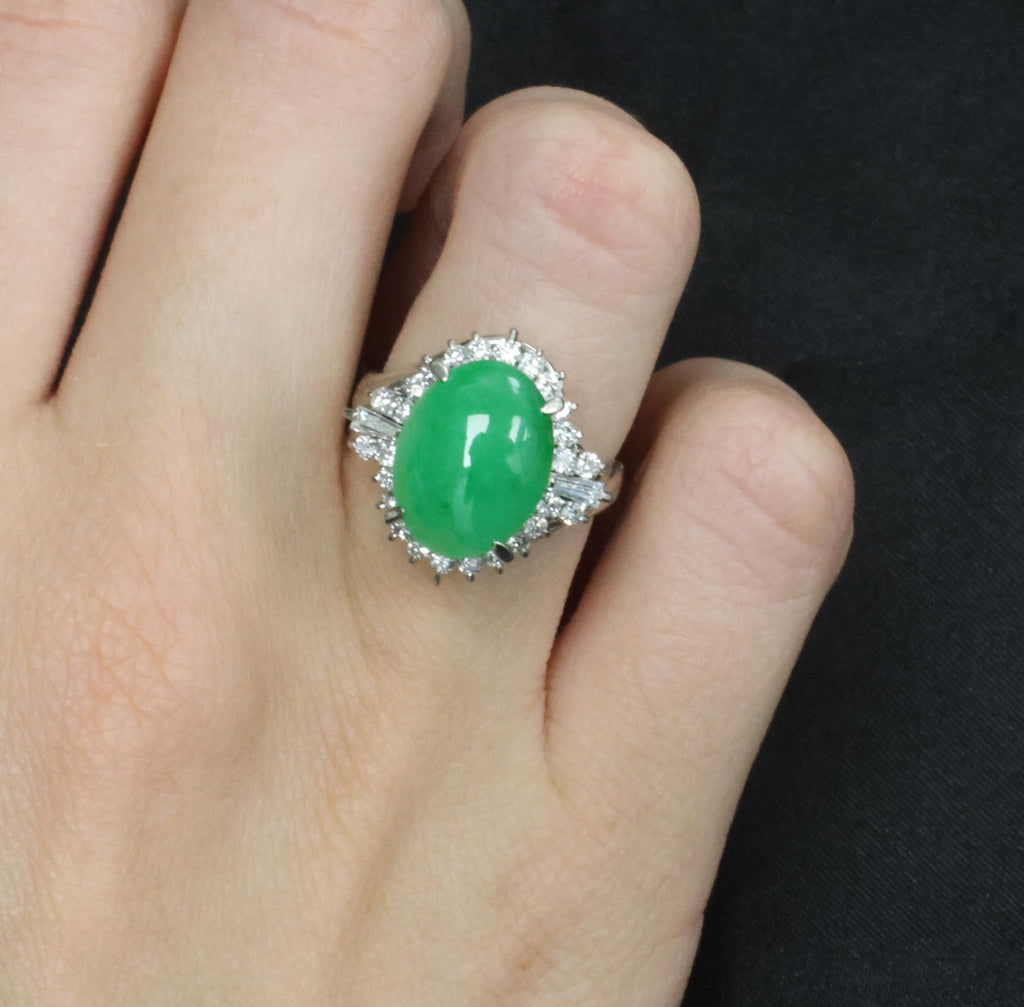 6.17ct Natural Apple Green Jadeite Jade & 0.64ct Diamond Platinum Ring, Size 6.5