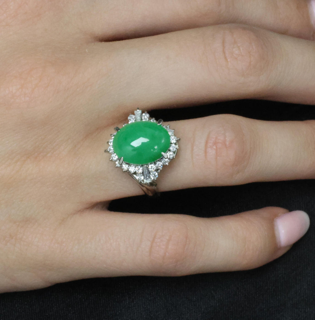 6.17ct Natural Apple Green Jadeite Jade & 0.64ct Diamond Platinum Ring, Size 6.5