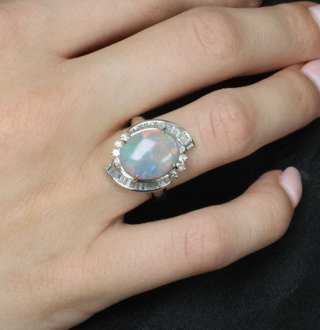 5.37ct Natural Untreated Black Opal & 0.73ct Diamond Platinum Ring, Size 6.25