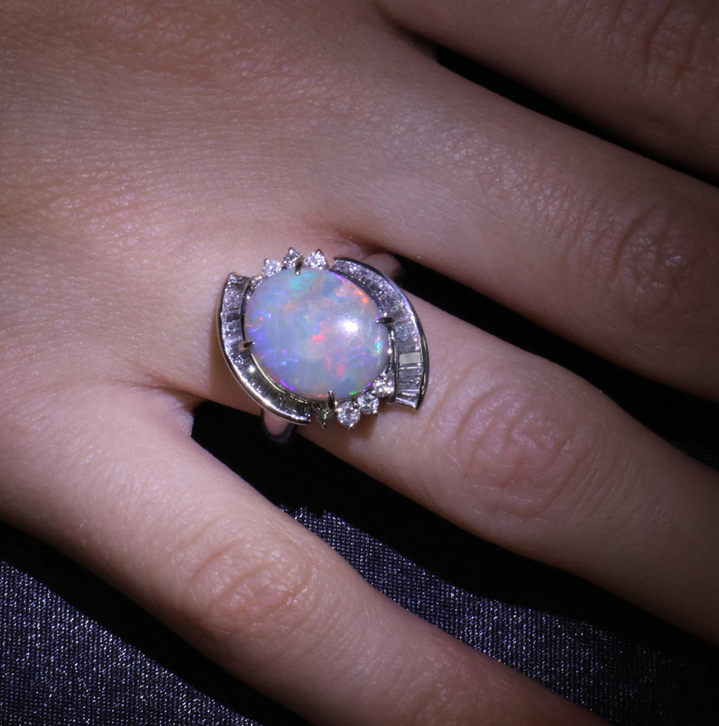 5.37ct Natural Untreated Black Opal & 0.73ct Diamond Platinum Ring, Size 6.25