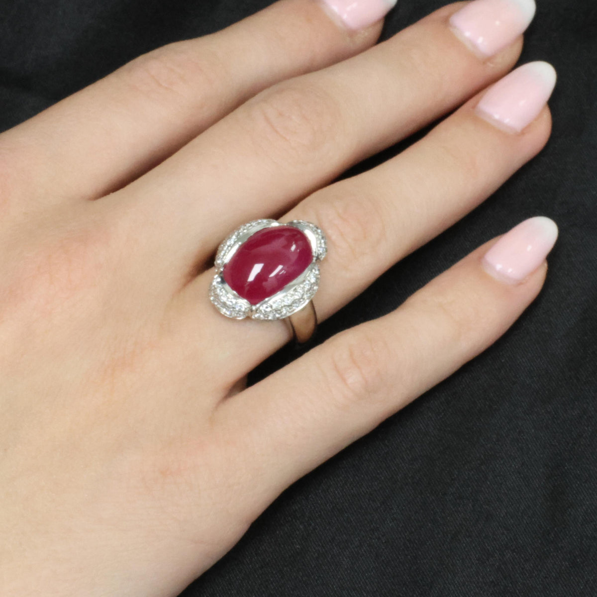 Fine 10.02ct Cabochon Cut Natural Ruby & 0.72ct Diamond Platinum Ring, Size 5.75
