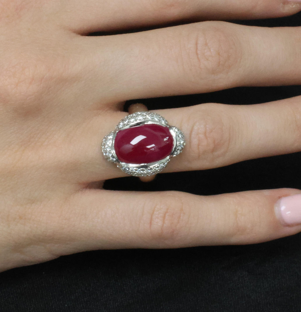 Fine 10.02ct Cabochon Cut Natural Ruby & 0.72ct Diamond Platinum Ring, Size 5.75
