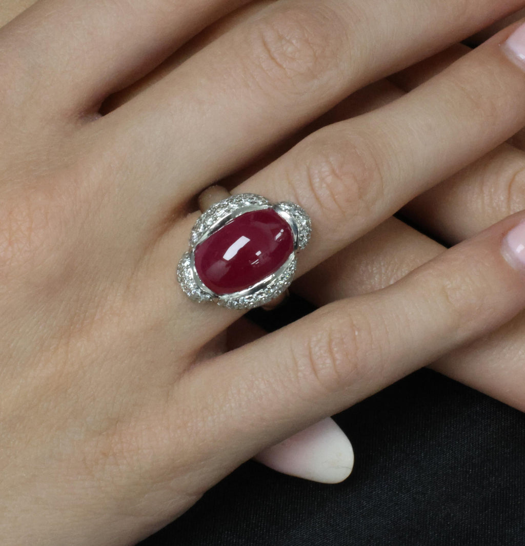 Fine 10.02ct Cabochon Cut Natural Ruby & 0.72ct Diamond Platinum Ring, Size 5.75