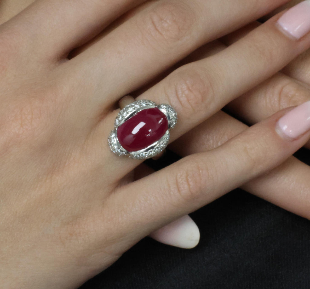 Fine 10.02ct Cabochon Cut Natural Ruby & 0.72ct Diamond Platinum Ring, Size 5.75