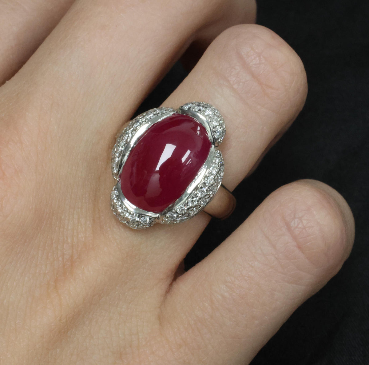 Fine 10.02ct Cabochon Cut Natural Ruby & 0.72ct Diamond Platinum Ring, Size 5.75