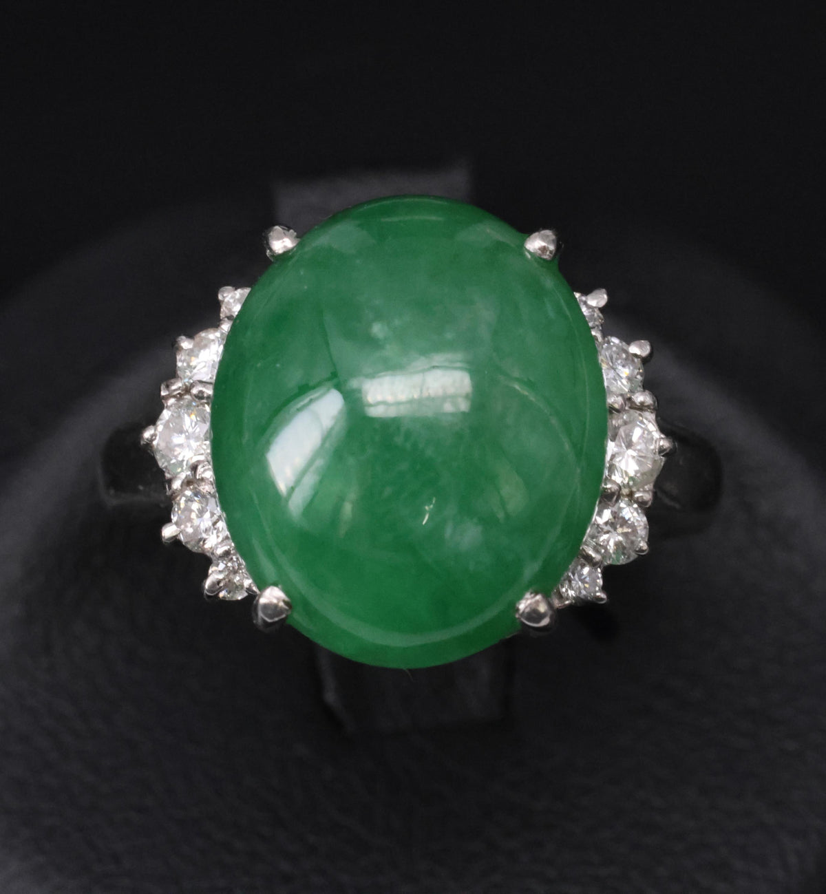 Rare 9.96ct Type A Natural Jadeite Jade & 0.32ct Diamond Platinum Ring, Size 7