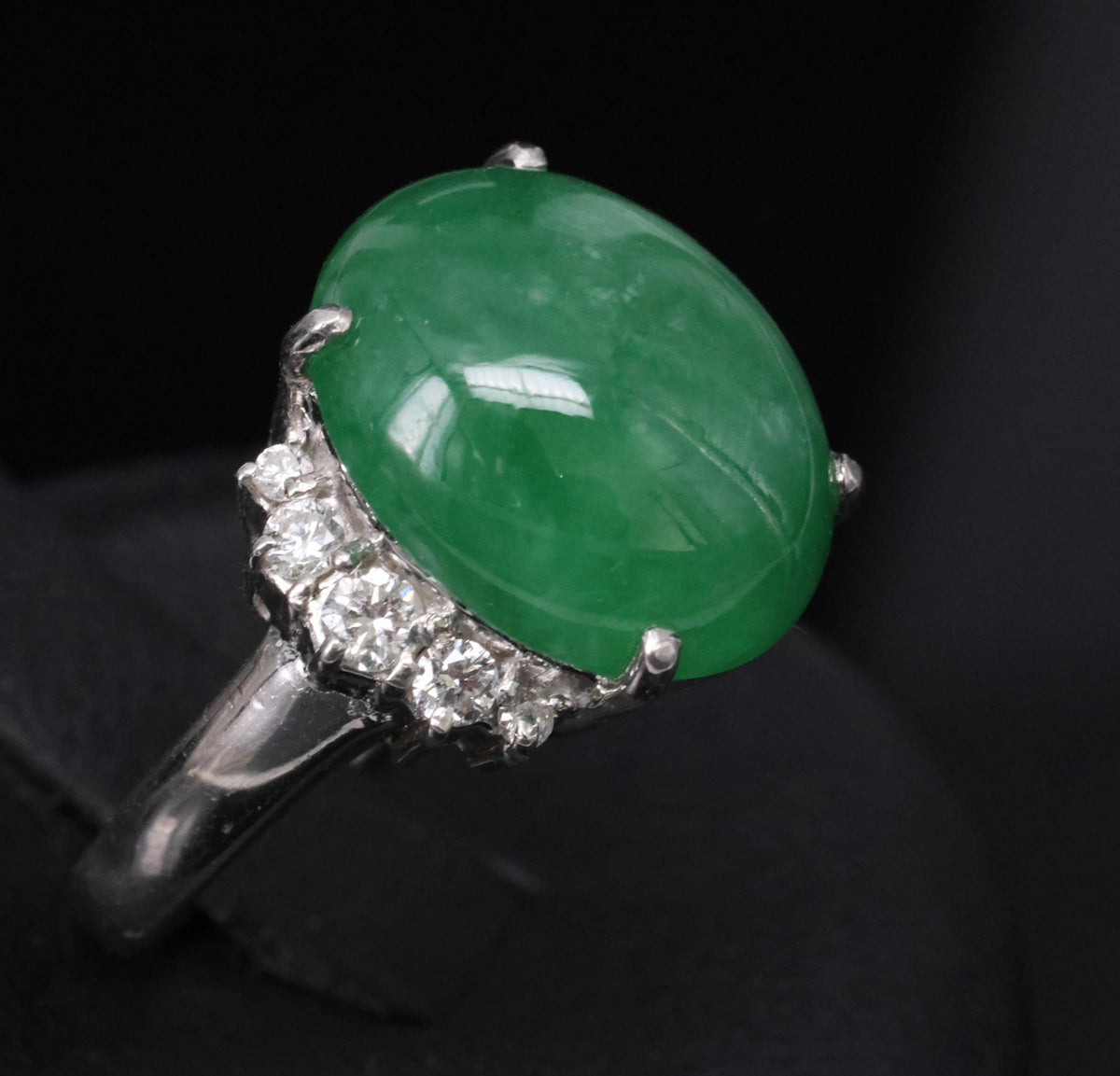 Rare 9.96ct Type A Natural Jadeite Jade & 0.32ct Diamond Platinum Ring, Size 7