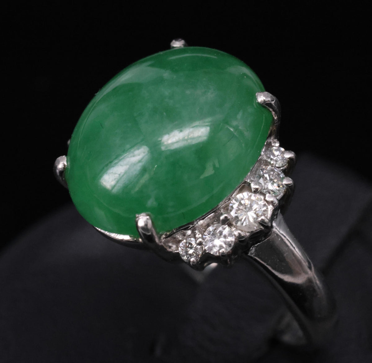 Rare 9.96ct Type A Natural Jadeite Jade & 0.32ct Diamond Platinum Ring, Size 7