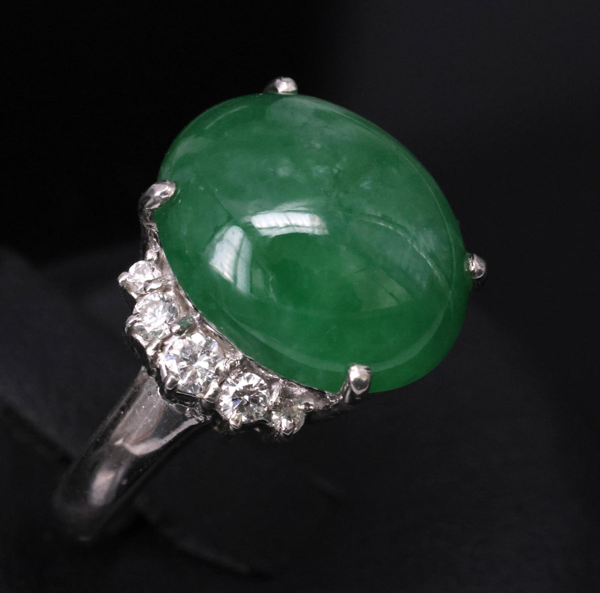 Rare 9.96ct Type A Natural Jadeite Jade & 0.32ct Diamond Platinum Ring, Size 7