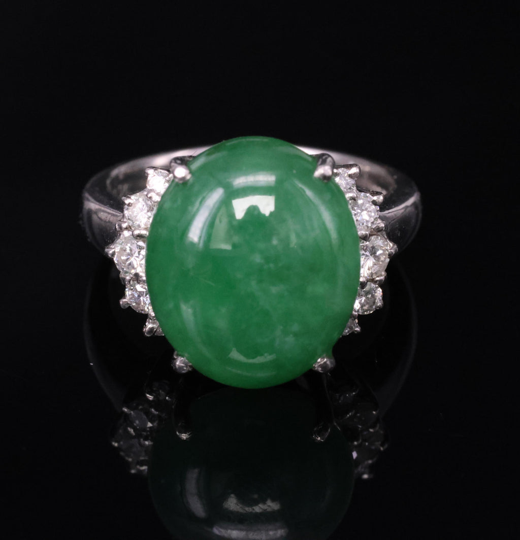 Rare 9.96ct Type A Natural Jadeite Jade & 0.32ct Diamond Platinum Ring, Size 7