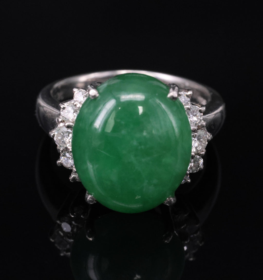 Rare 9.96ct Type A Natural Jadeite Jade & 0.32ct Diamond Platinum Ring, Size 7