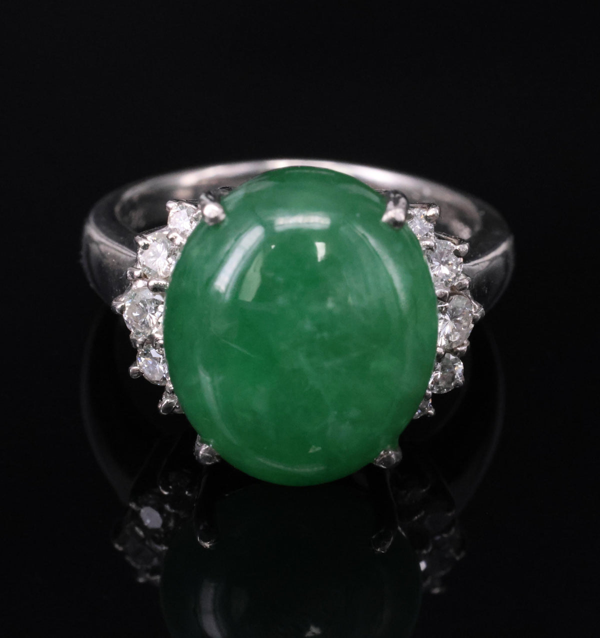 Rare 9.96ct Type A Natural Jadeite Jade & 0.32ct Diamond Platinum Ring, Size 7