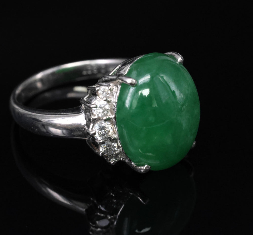 Rare 9.96ct Type A Natural Jadeite Jade & 0.32ct Diamond Platinum Ring, Size 7