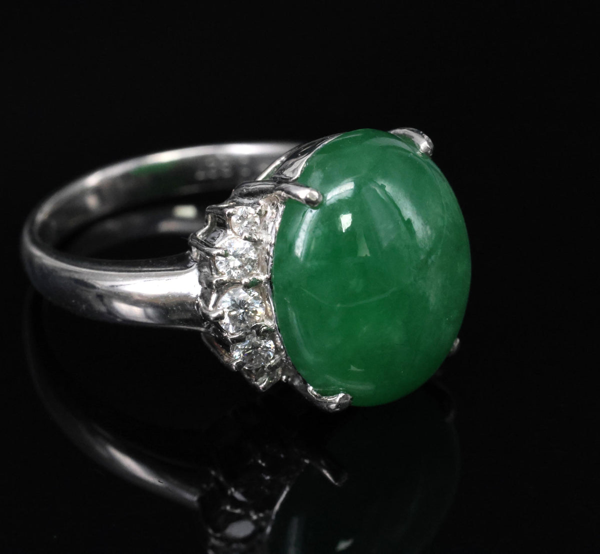 Rare 9.96ct Type A Natural Jadeite Jade & 0.32ct Diamond Platinum Ring, Size 7