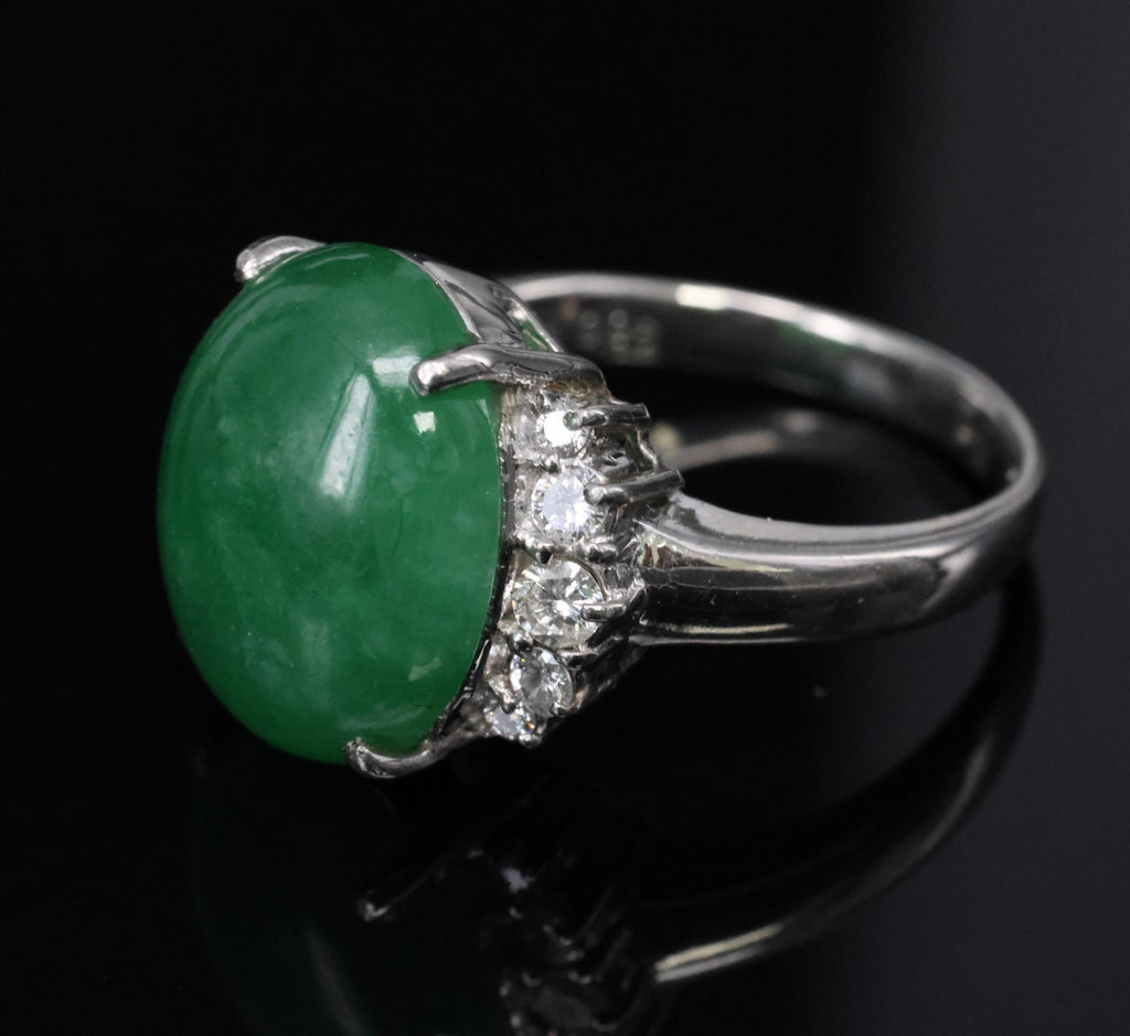 Rare 9.96ct Type A Natural Jadeite Jade & 0.32ct Diamond Platinum Ring, Size 7