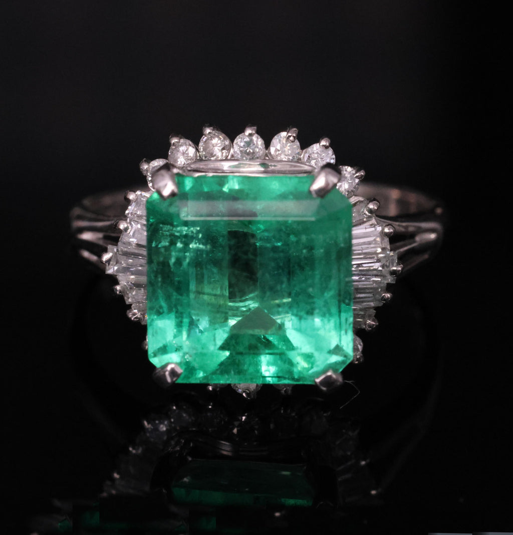 Rare 3.74ct GIA Natural Colombian Emerald 0.35ct Diamond Platinum Ring, Size 6.5