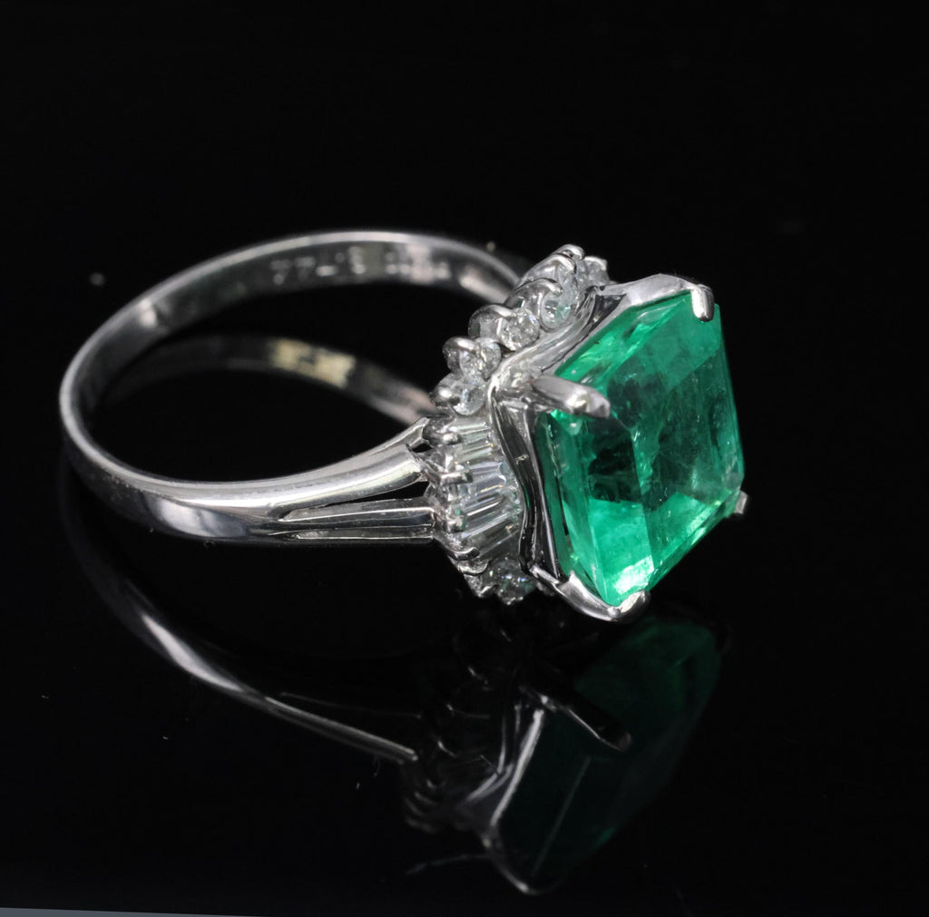 Rare 3.74ct GIA Natural Colombian Emerald 0.35ct Diamond Platinum Ring, Size 6.5