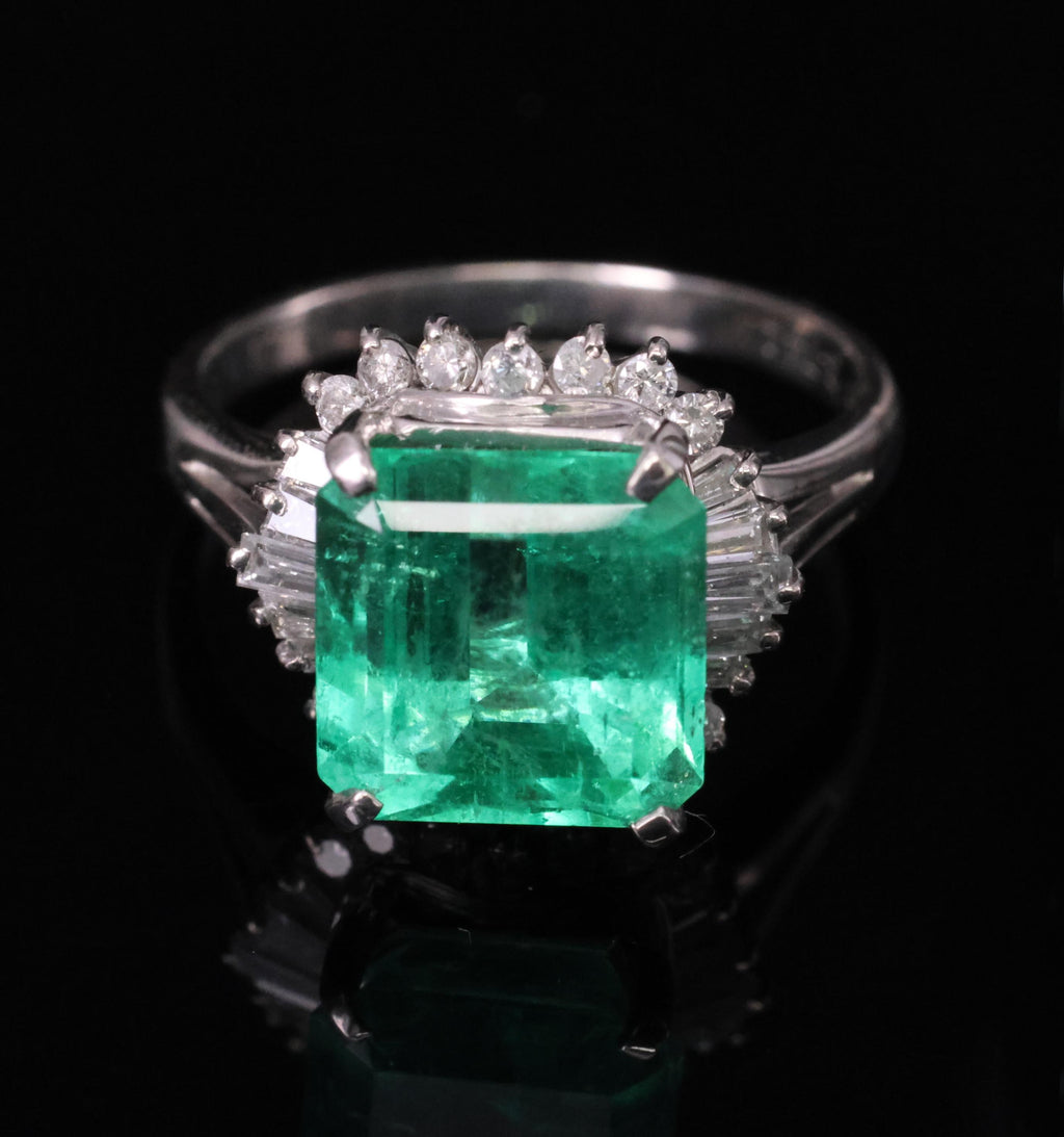 Rare 3.74ct GIA Natural Colombian Emerald 0.35ct Diamond Platinum Ring, Size 6.5