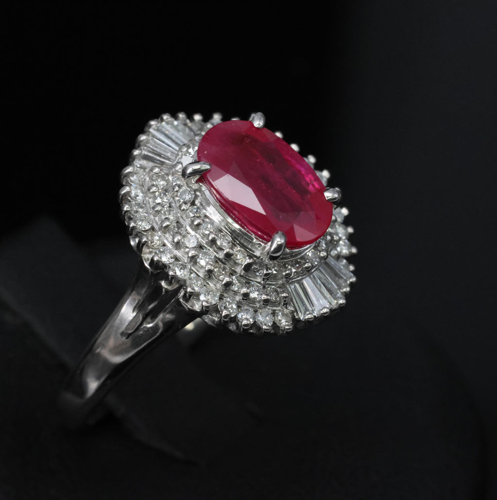 Estate 1.88ct Natural Ruby & 0.55ct Diamond Halo Platinum Ring, Size 6.5